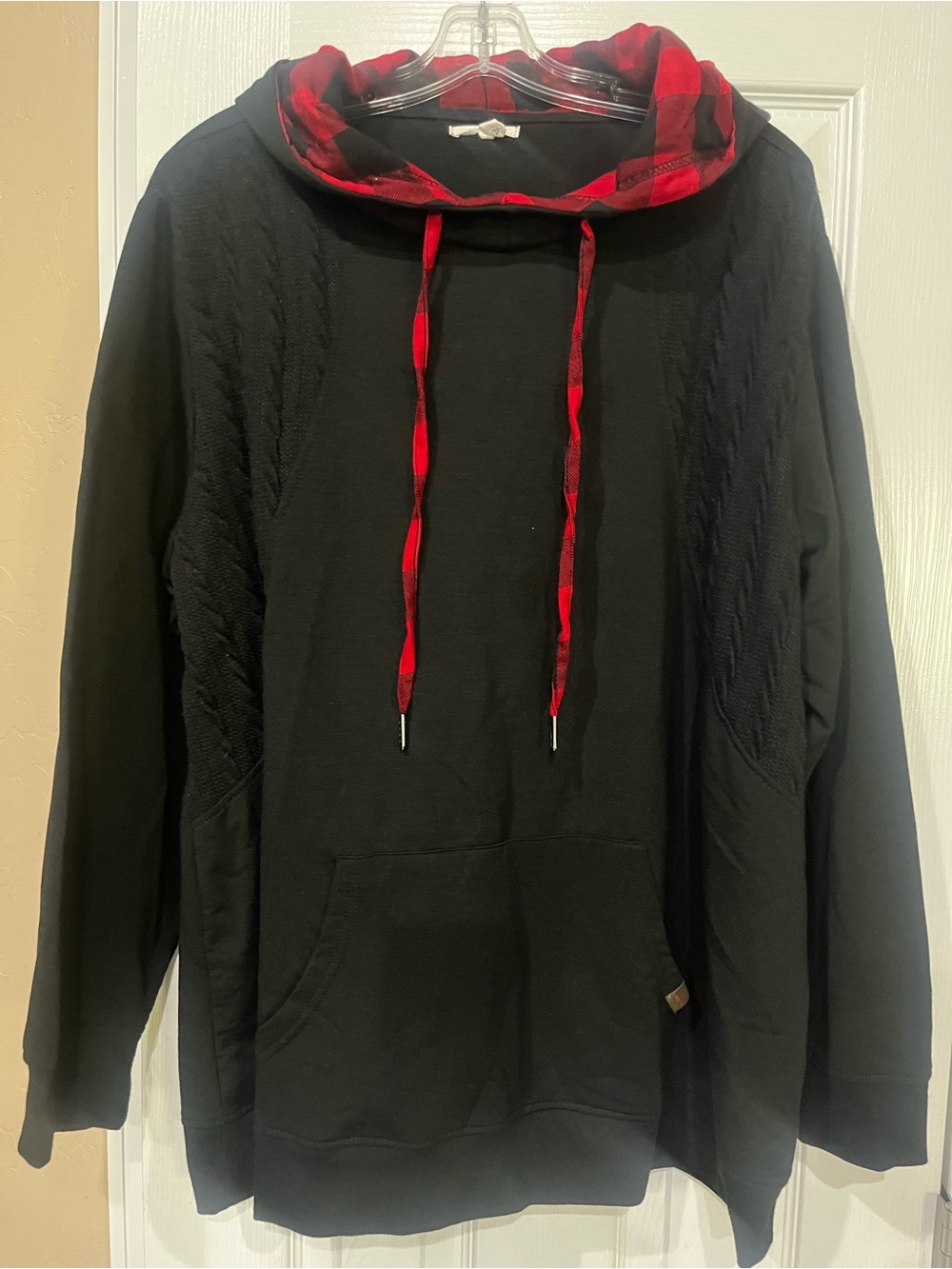 Maurices Black Hoodie with Red Plaid Hood and Drawstrings
